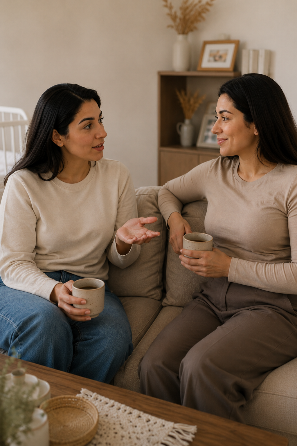 أختان تتحدثان معًا خلال زيارة منزلية